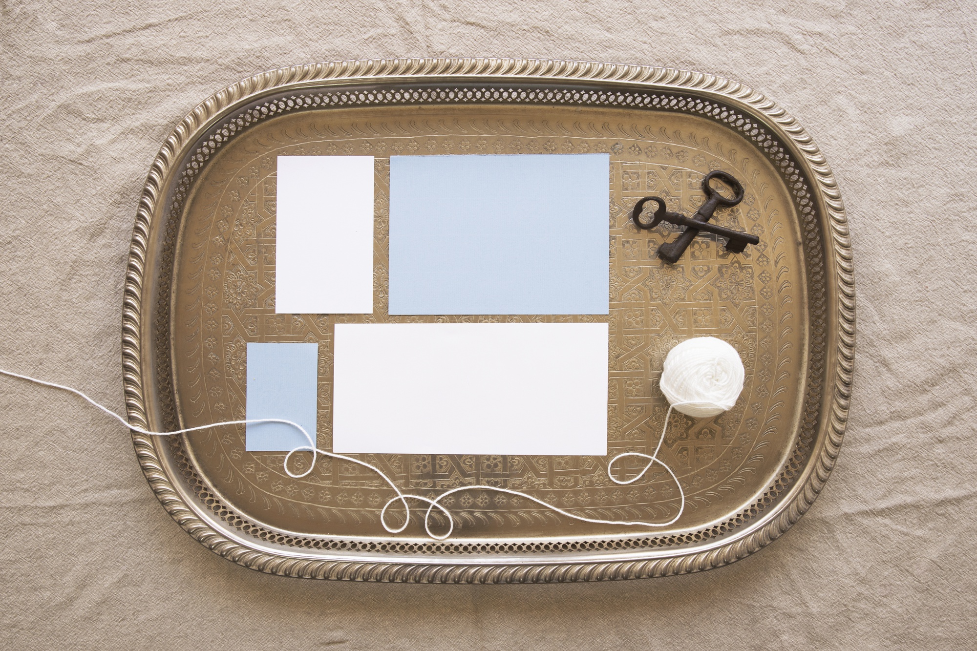 Samples of embroidered patches and labels on table